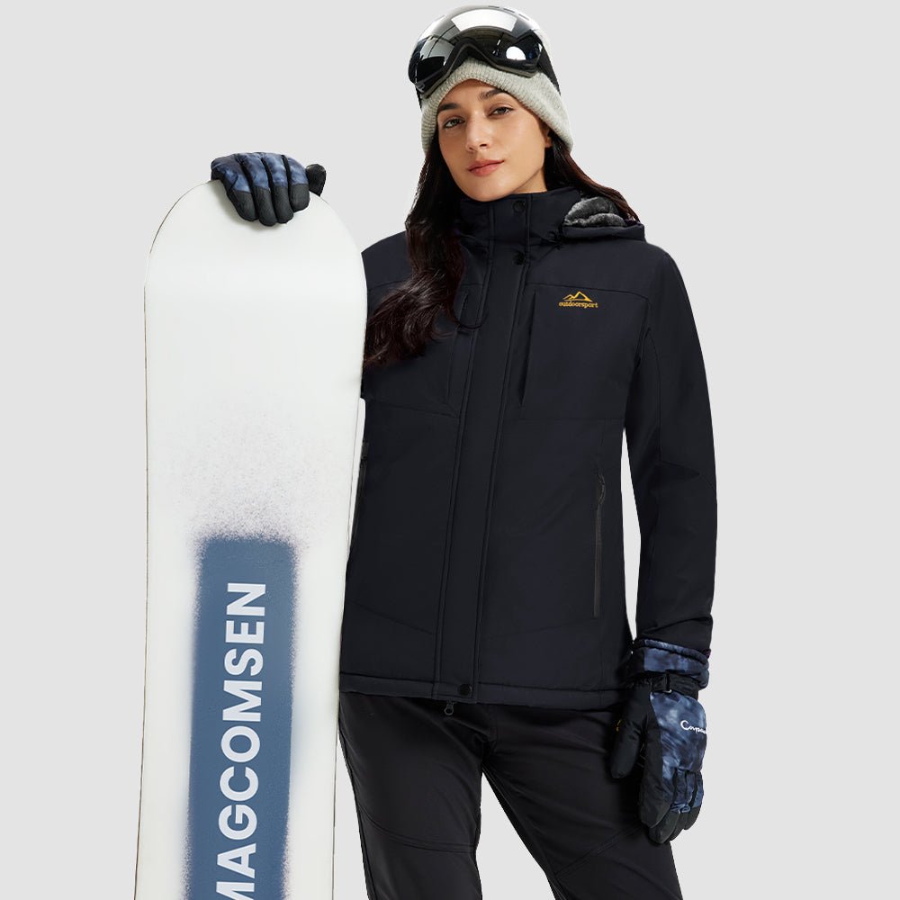 Black Women's Waterproof Ski Jacket - Warm Fleece Lined Winter Snow Coat with Hood - MAGCOMSEN