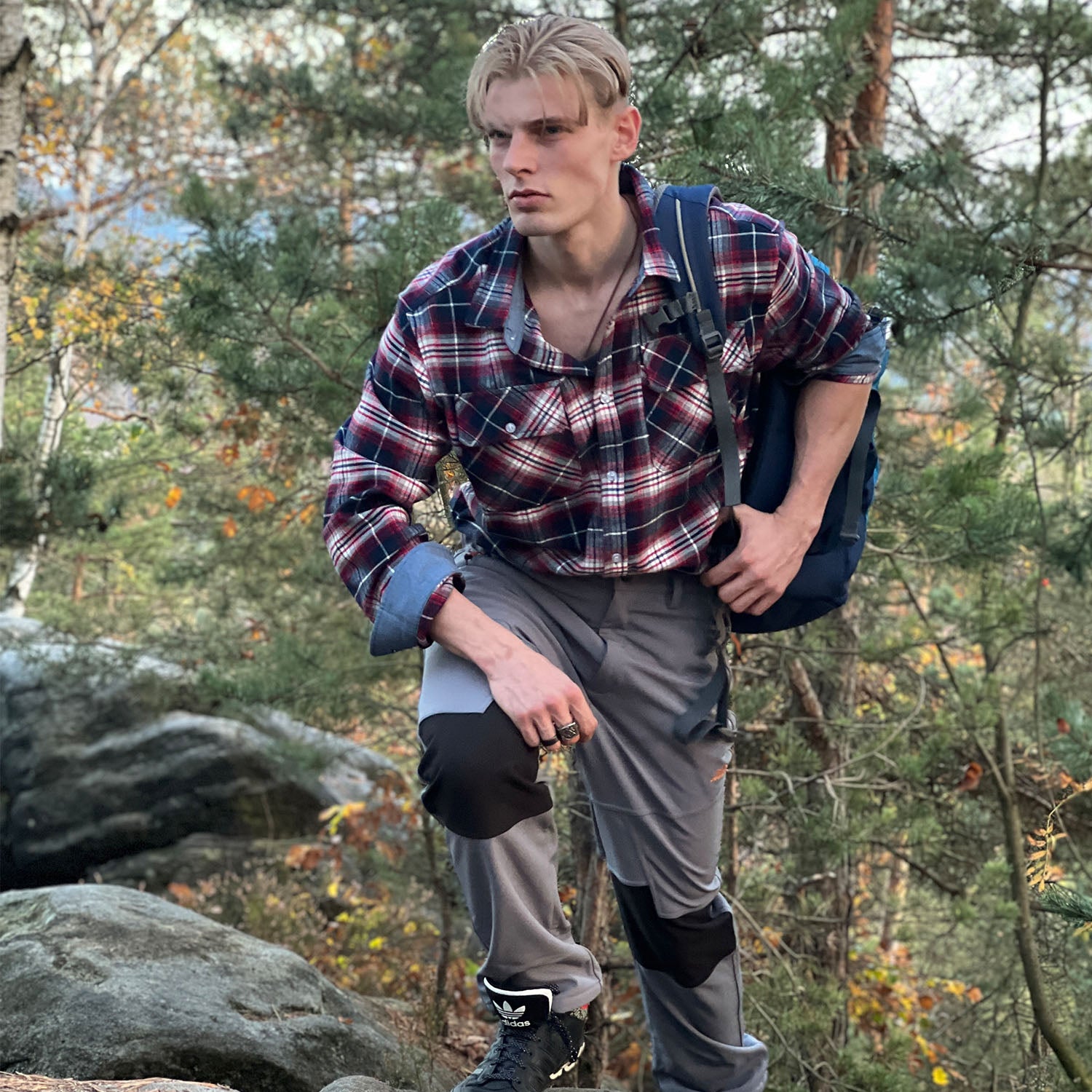 Red White Men's Long Sleeve Cotton Plaid Flannel Shirt - MAGCOMSEN