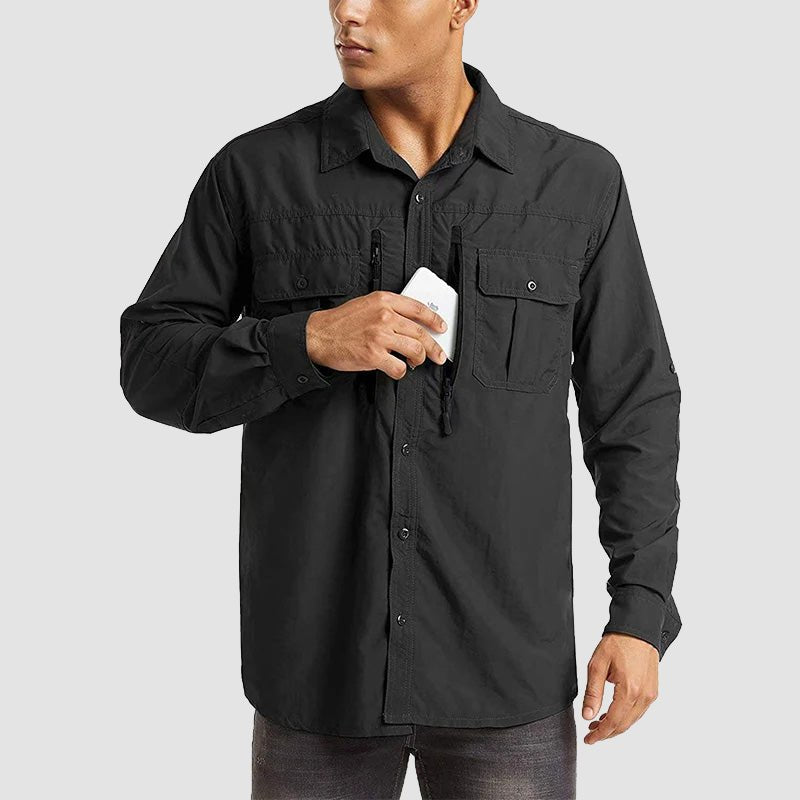 Black Men's Tactical Shirt, Quick-Dry & UV Protection for Hiking