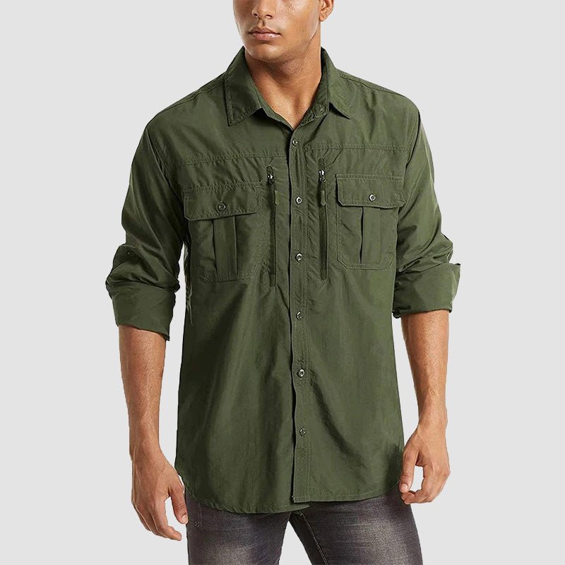 Army-green Men's Tactical Shirt, Quick-Dry & UV Protection for Hiking