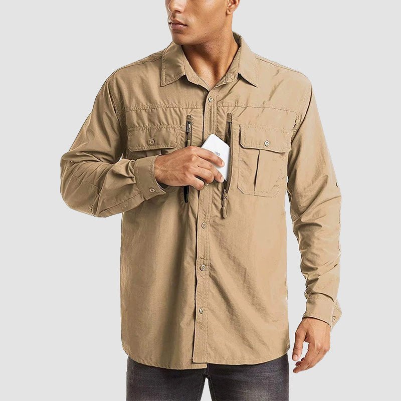 Khaki Men's Tactical Shirt, Quick-Dry & UV Protection for Hiking