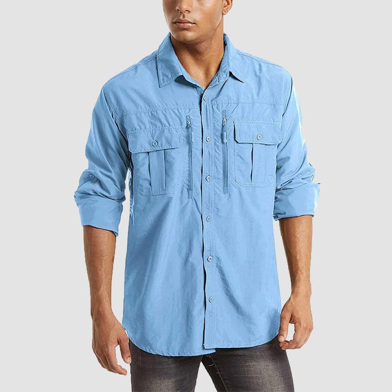 Sky-blue Men's Tactical Shirt, Quick-Dry & UV Protection for Hiking