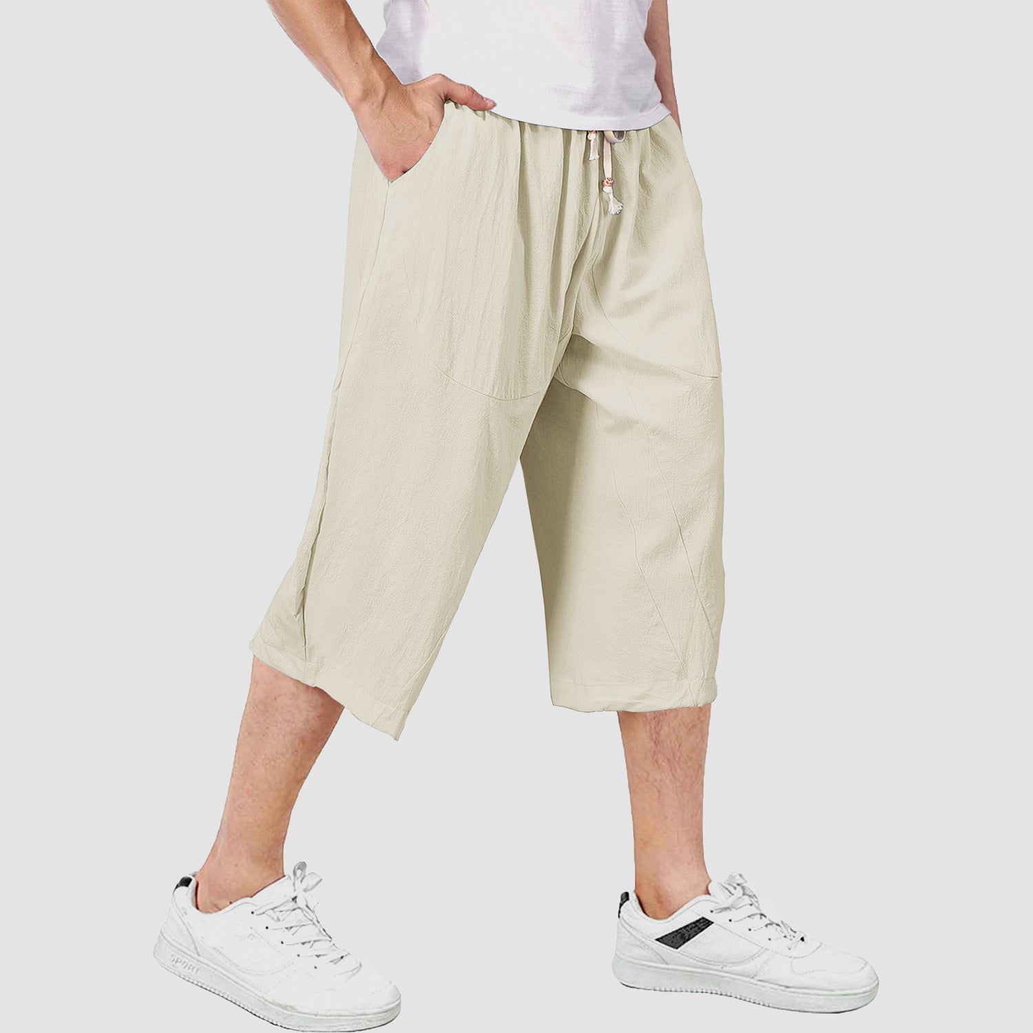 Men's Capri Pants with 4 Pockets Linen Shorts Baggy Wide Leg Casual Yoga 3/4 Capri
