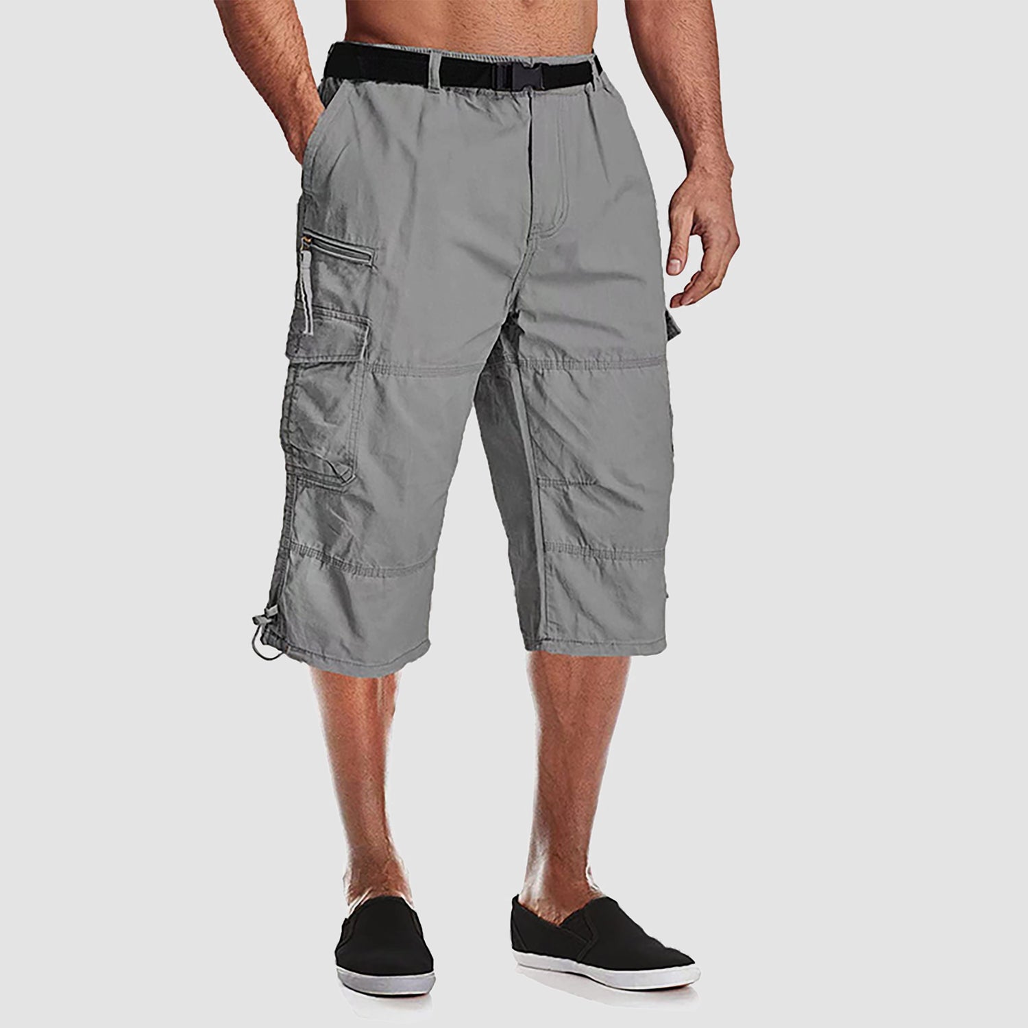 Men Summer Casual 3/4 Long Cargo Twill Cotton Elastic Waist Multiple Pockets Baggy Comfortable Capris Trousers