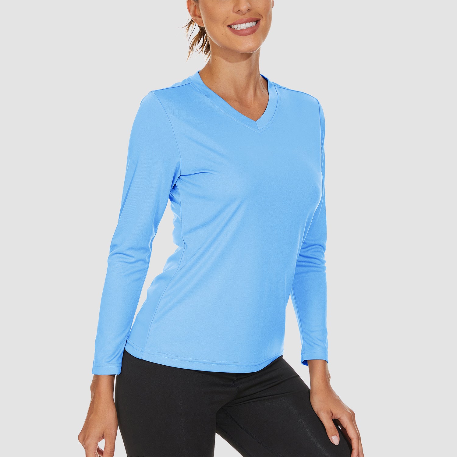 Azure Women's Long Sleeve UPF 50+ V-Neck Hiking & Workout Shirt - MAGCOMSEN