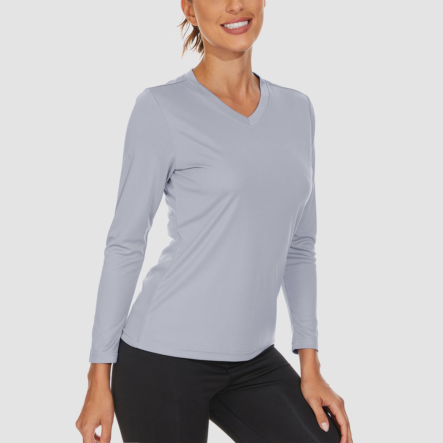 Light Grey Women's Long Sleeve UPF 50+ V-Neck Hiking & Workout Shirt - MAGCOMSEN
