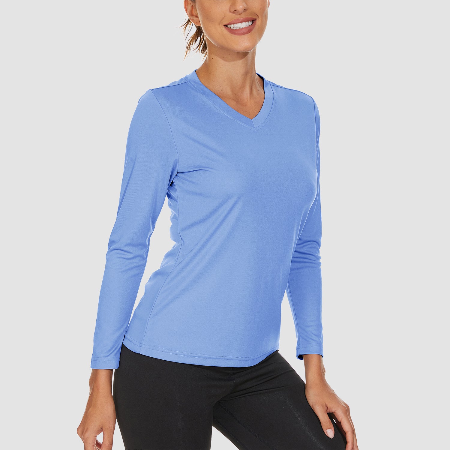 Light Blue1 Women's Long Sleeve UPF 50+ V-Neck Hiking & Workout Shirt - MAGCOMSEN