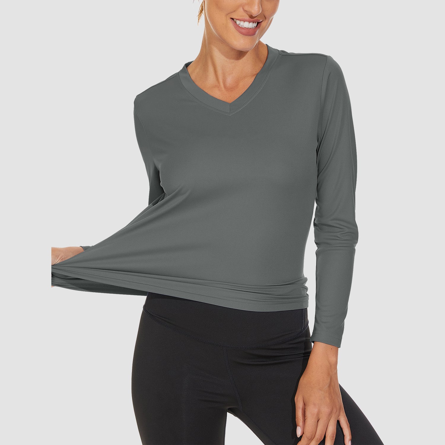 Dark Grey Women's Long Sleeve UPF 50+ V-Neck Hiking & Workout Shirt - MAGCOMSEN