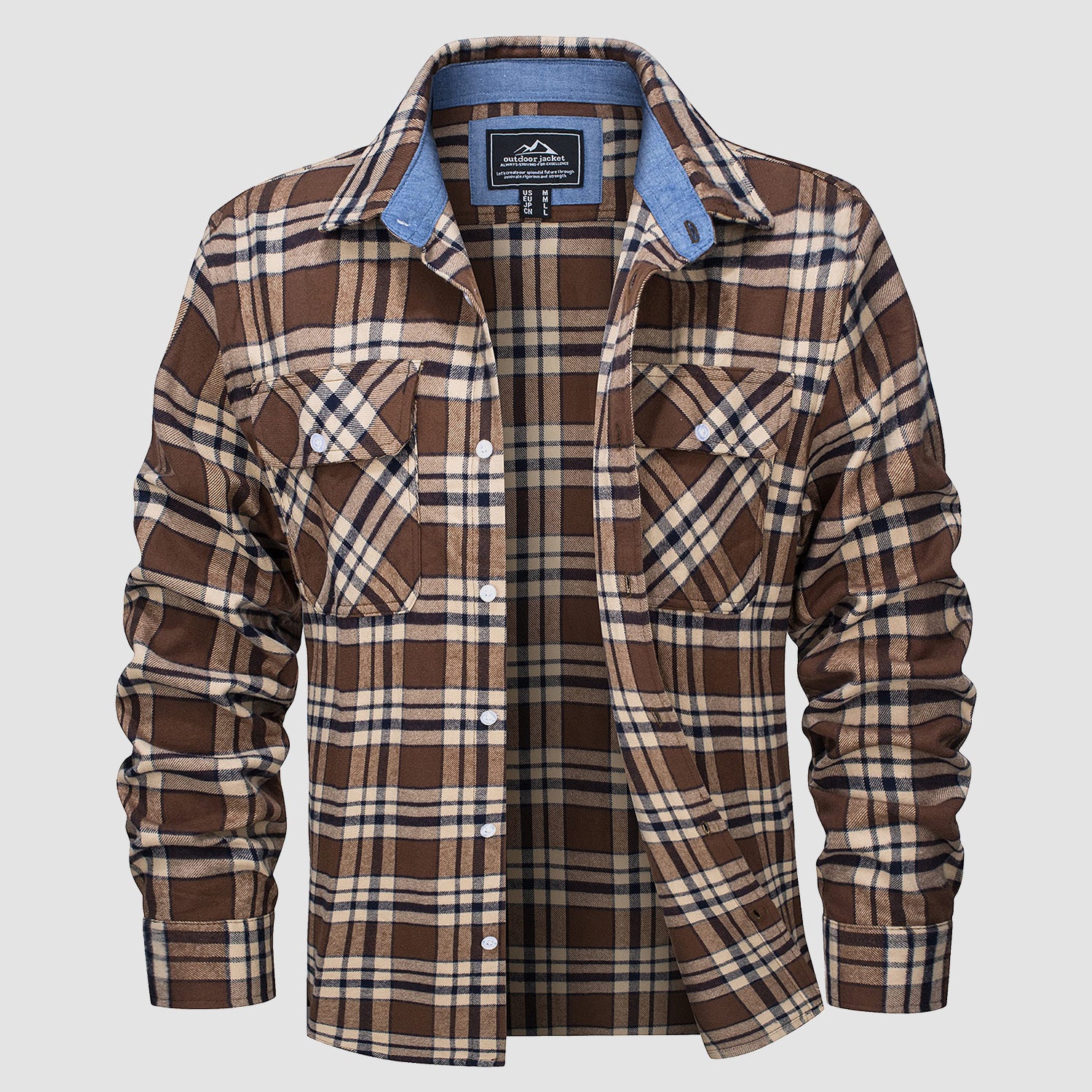 Brown Men's Long Sleeve Cotton Plaid Flannel Shirt - MAGCOMSEN