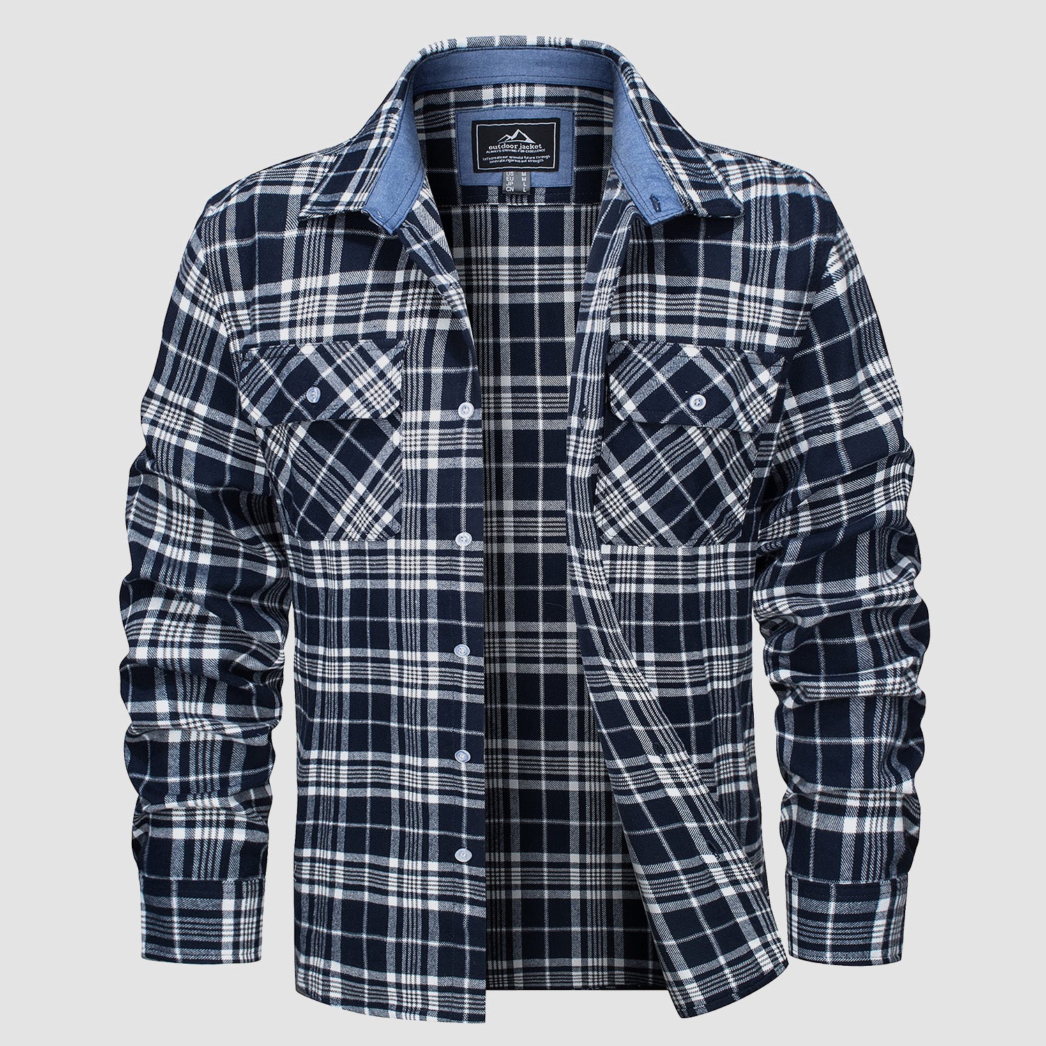 Navy Men's Long Sleeve Cotton Plaid Flannel Shirt - MAGCOMSEN