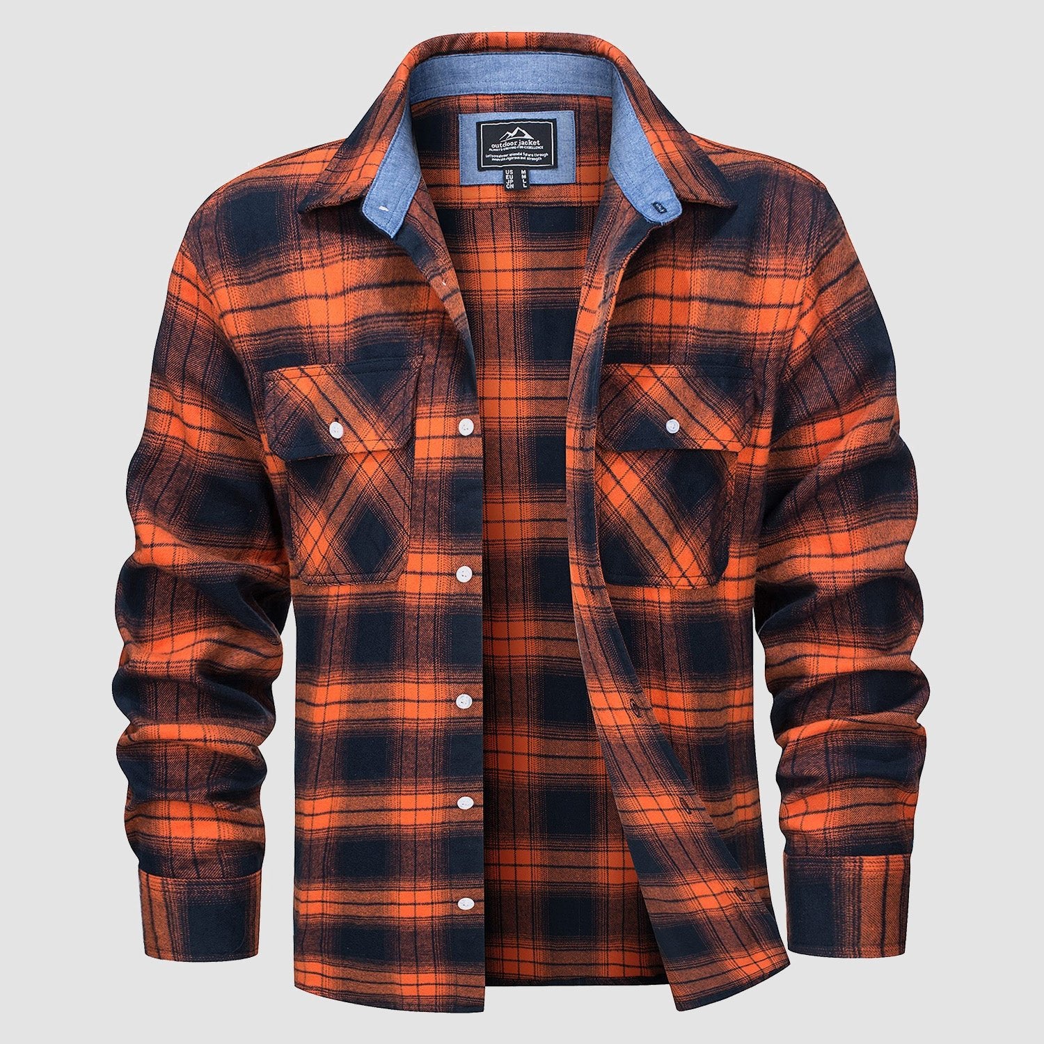 Orange Men's Long Sleeve Cotton Plaid Flannel Shirt - MAGCOMSEN
