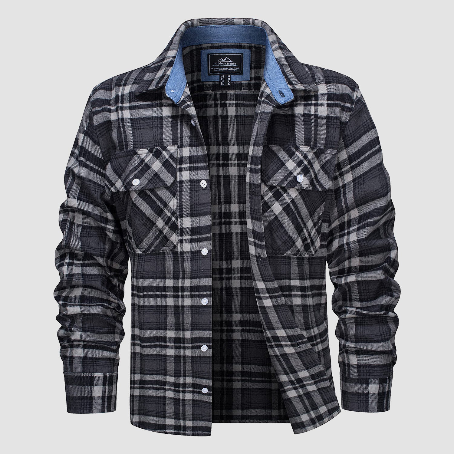 Dark Grey Men's Long Sleeve Cotton Plaid Flannel Shirt - MAGCOMSEN