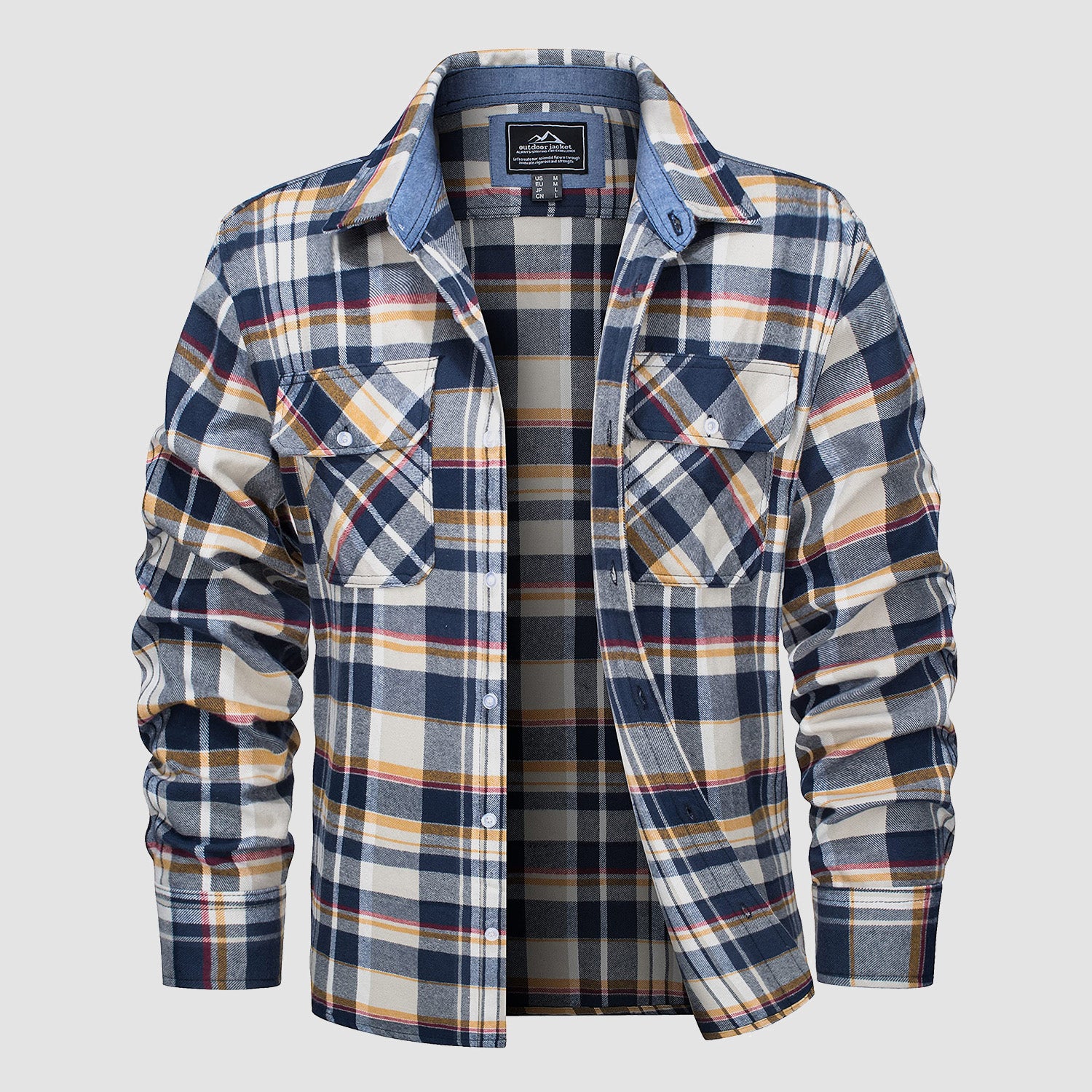 Yellow Men's Long Sleeve Cotton Plaid Flannel Shirt - MAGCOMSEN