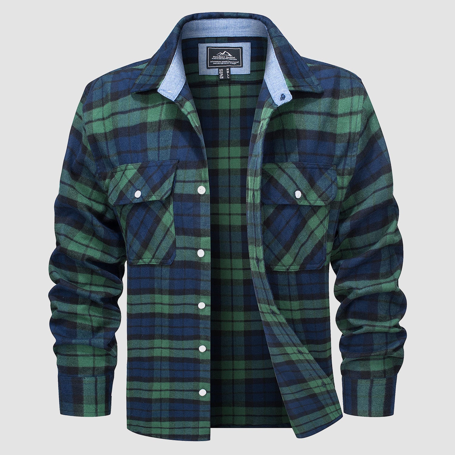 Green Men's Long Sleeve Cotton Plaid Flannel Shirt - MAGCOMSEN