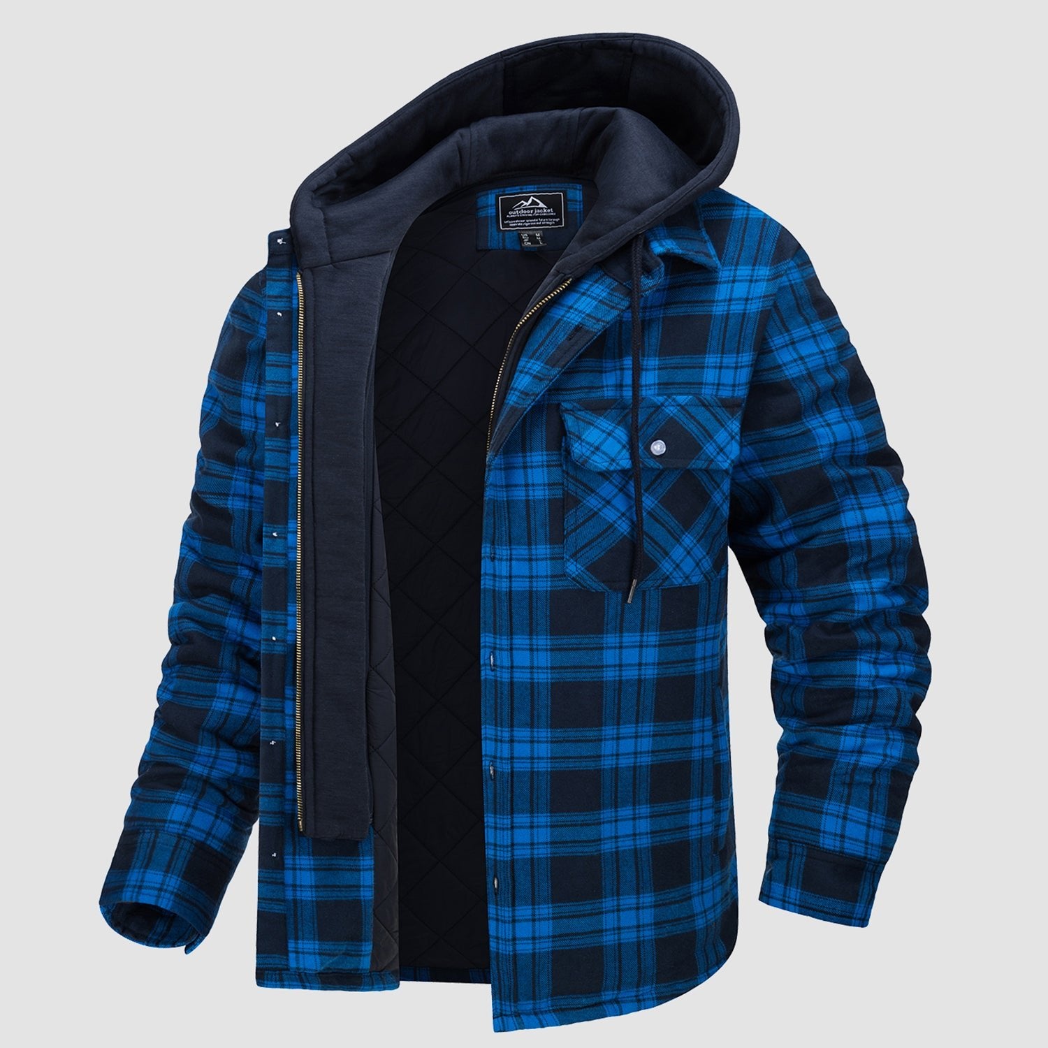 Men's Flannel Shirt Jacket with Removable Hood 5 Pockets Plaid Quilted Lined Winter Coats Thick Hoodie Outwear
