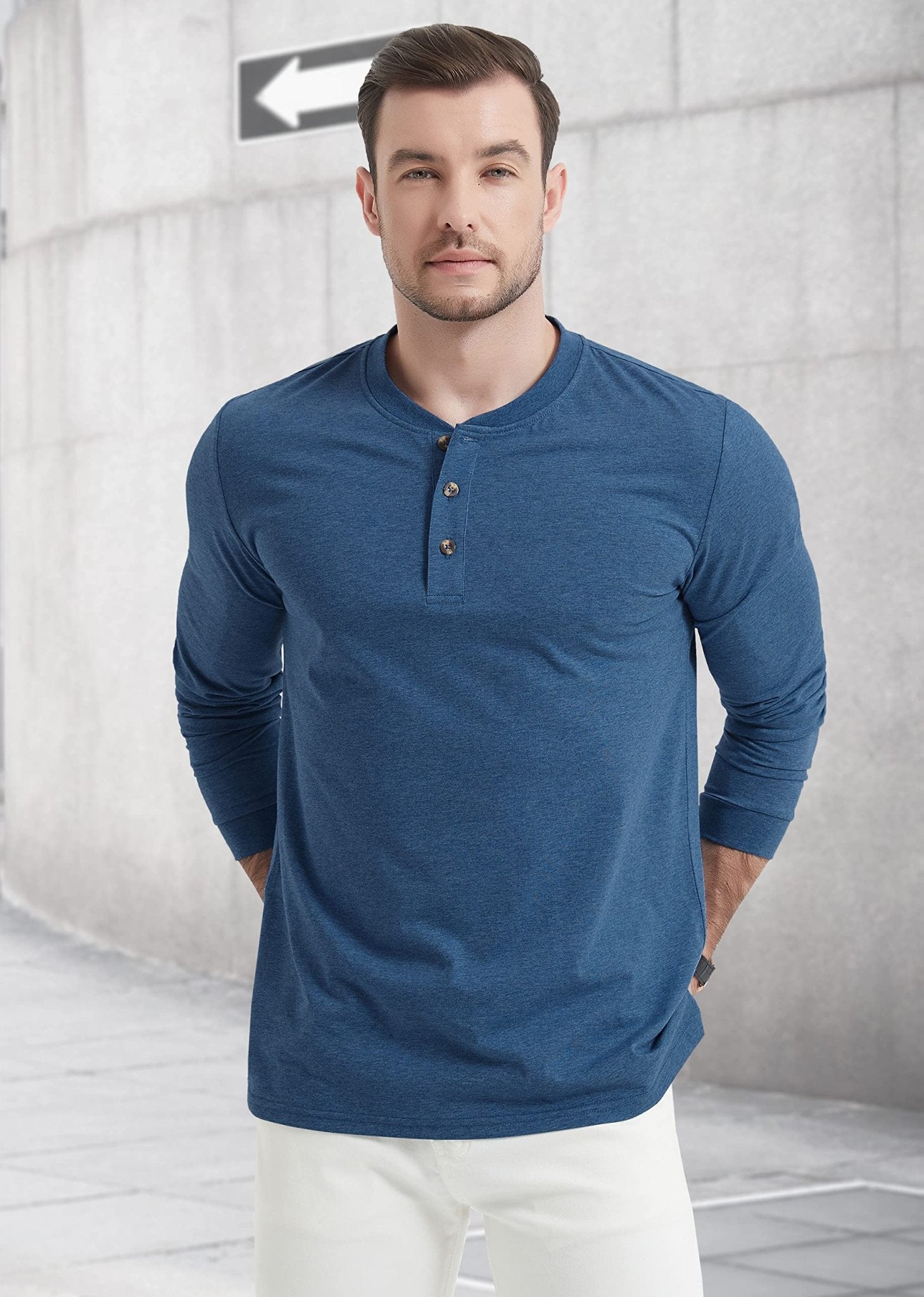 Men's Cotton Long Sleeve Henley Shirt, Casual Work Tee - MAGCOMSEN