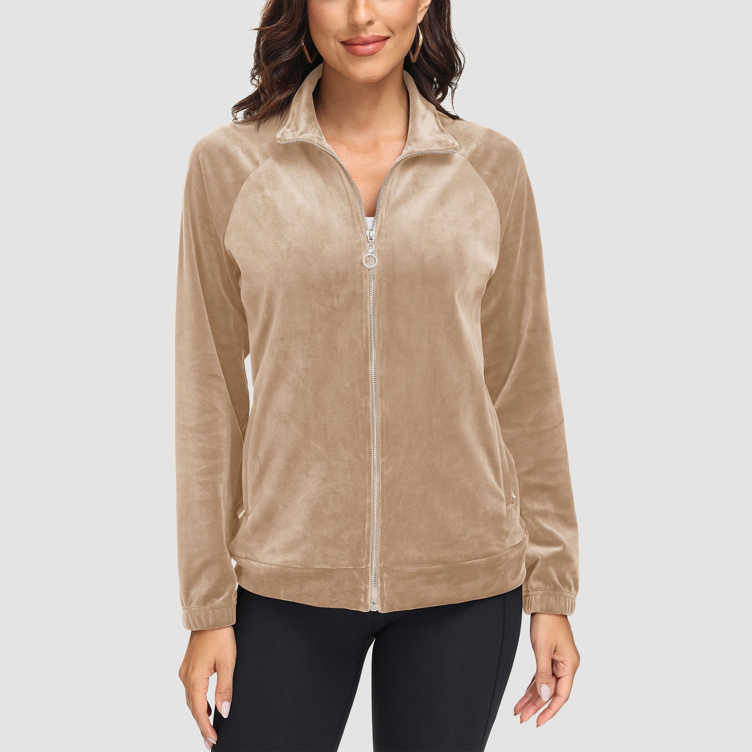 Women's Velour Jackets Full Zip Up Fleece Jacket With Zipper Pockets Soft Winter Jackets - MAGCOMSEN