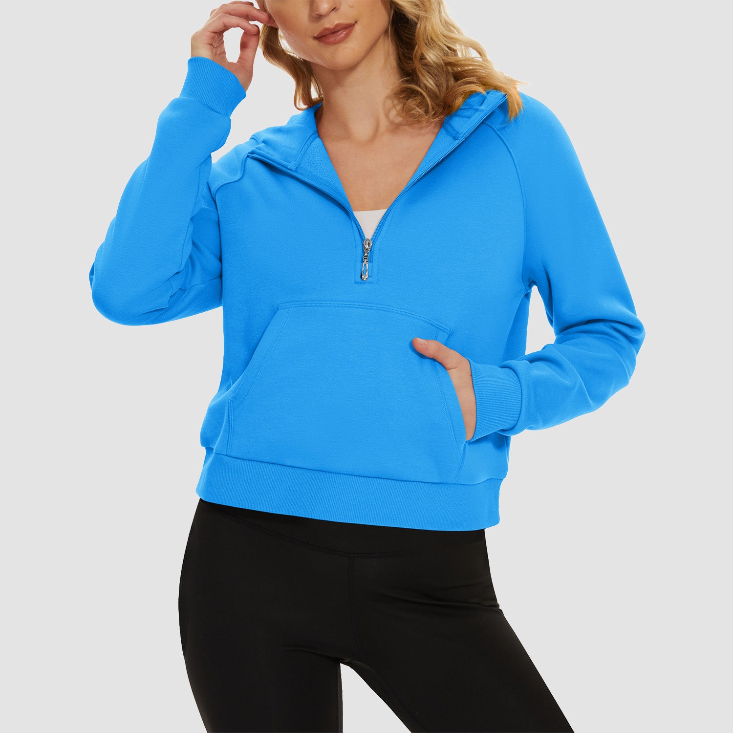 Womens Hoodie Fleece Lined 1/2 Zipper Sweatshirts Long Sleeve Crop Tops With Kangaroo Pocket - MAGCOMSEN