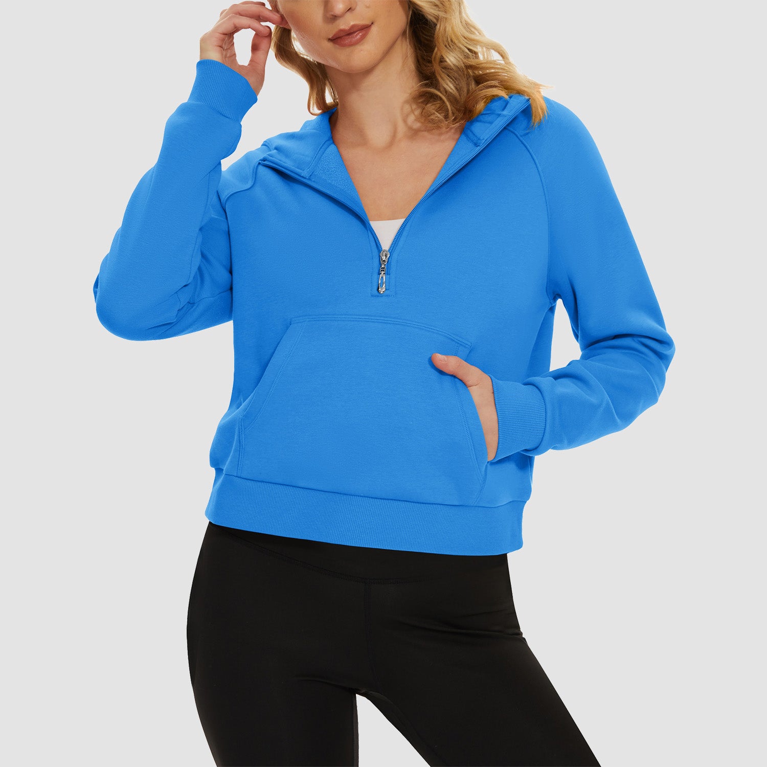 Womens Hoodie Fleece Lined 1/2 Zipper Sweatshirts Long Sleeve Crop Tops With Kangaroo Pocket - MAGCOMSEN