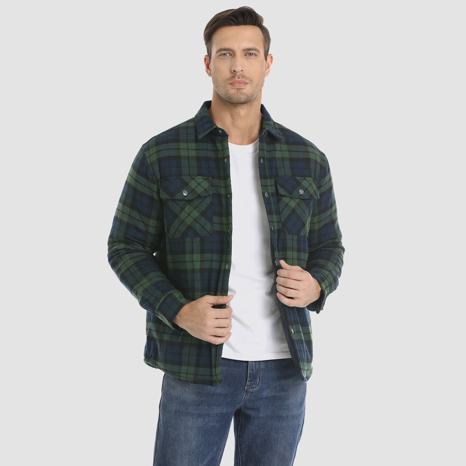 Green Men's Quilted Flannel Jacket - Warm Winter Padded Shirt - MAGCOMSEN