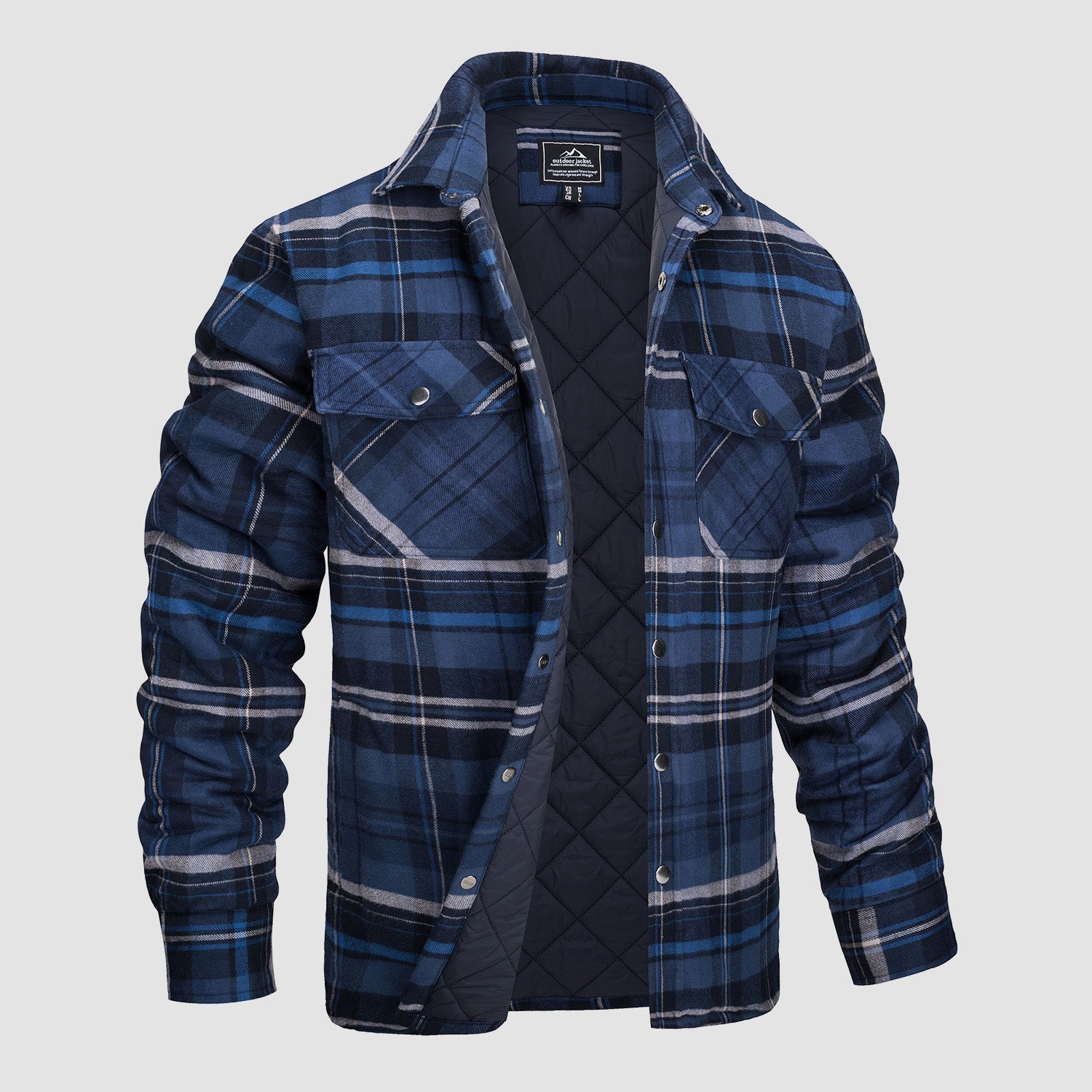 Blue Grey Men's Quilted Flannel Jacket - Warm Winter Padded Shirt - MAGCOMSEN