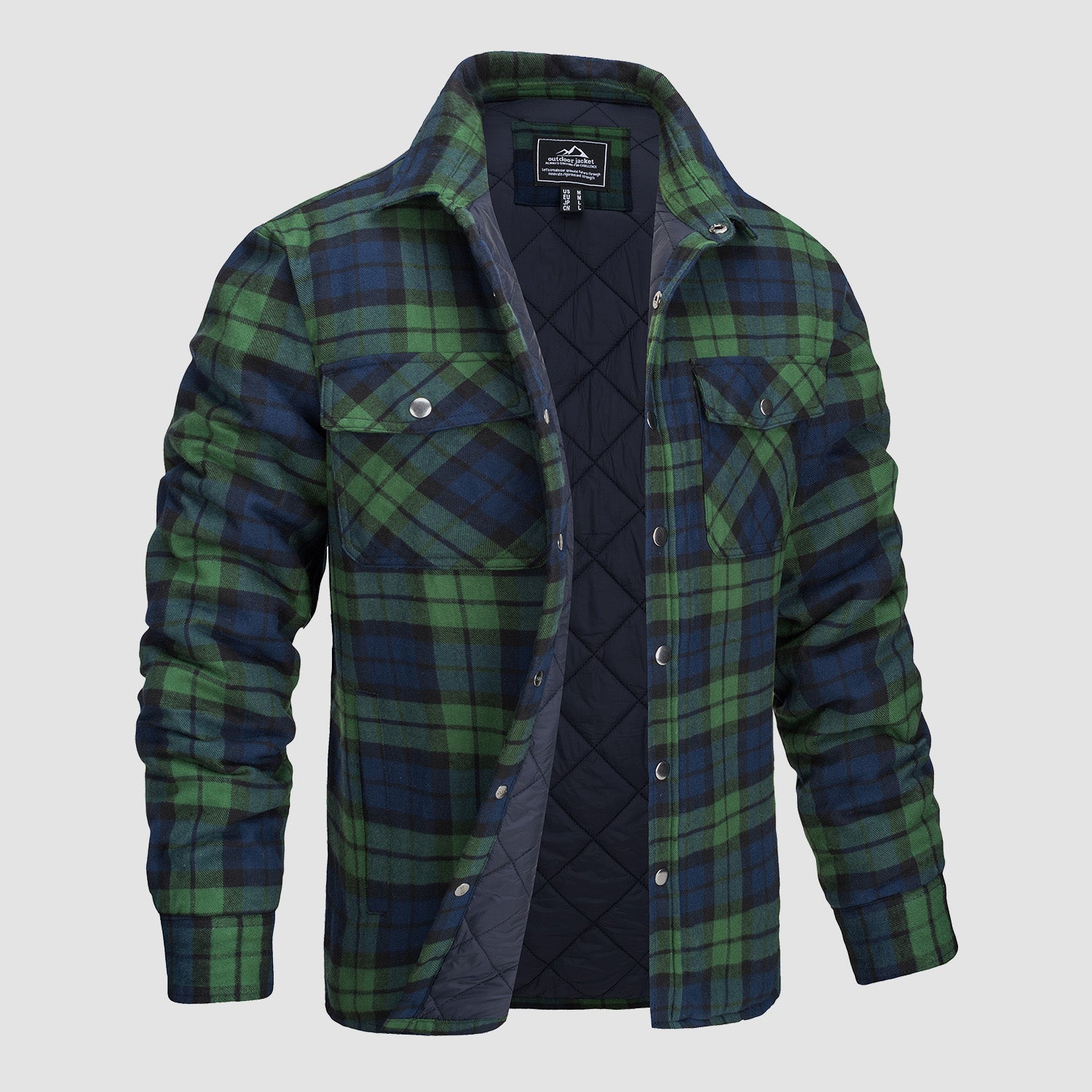 Green Men's Quilted Flannel Jacket - Warm Winter Padded Shirt - MAGCOMSEN