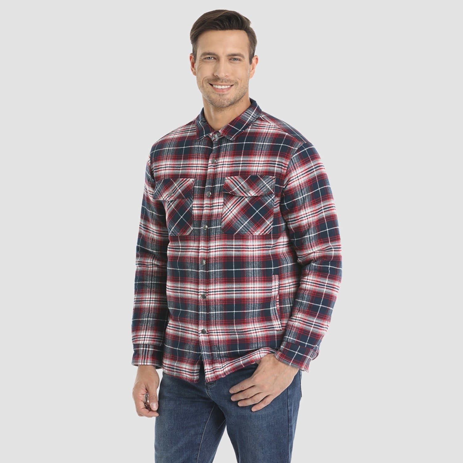 Red White Men's Quilted Flannel Jacket - Warm Winter Padded Shirt - MAGCOMSEN