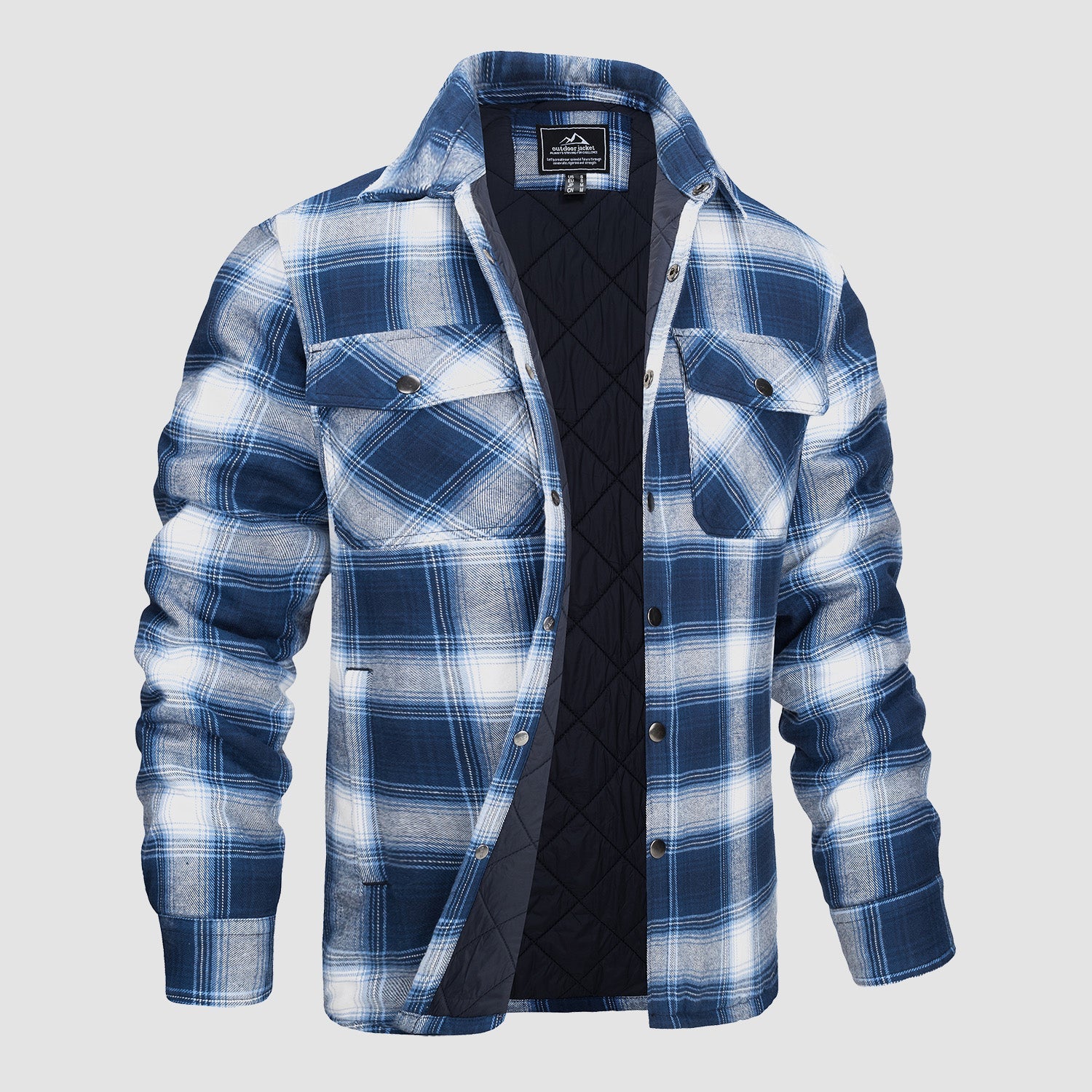 Blue White Men's Quilted Flannel Jacket - Warm Winter Padded Shirt - MAGCOMSEN