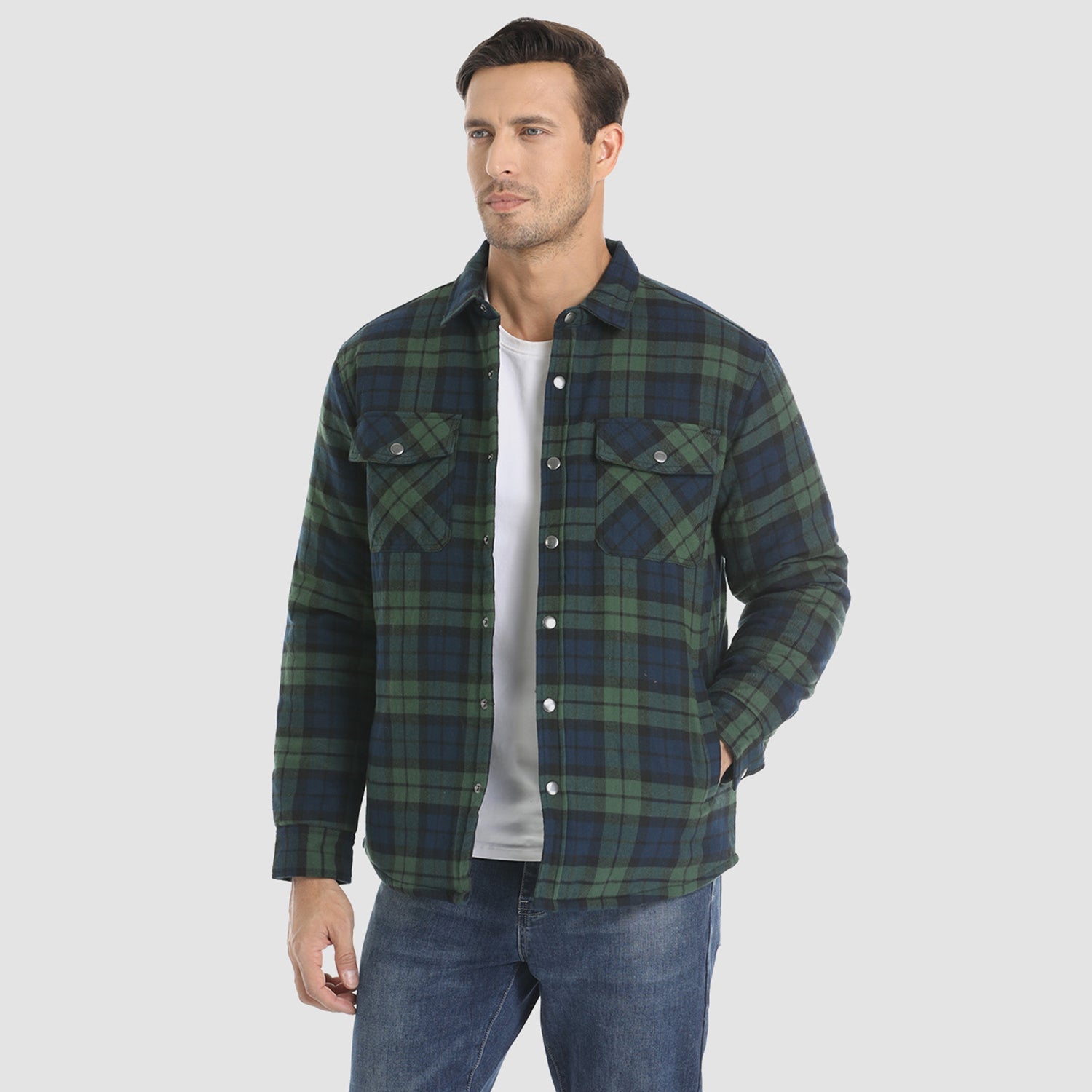 Green Men's Quilted Flannel Jacket - Warm Winter Padded Shirt - MAGCOMSEN