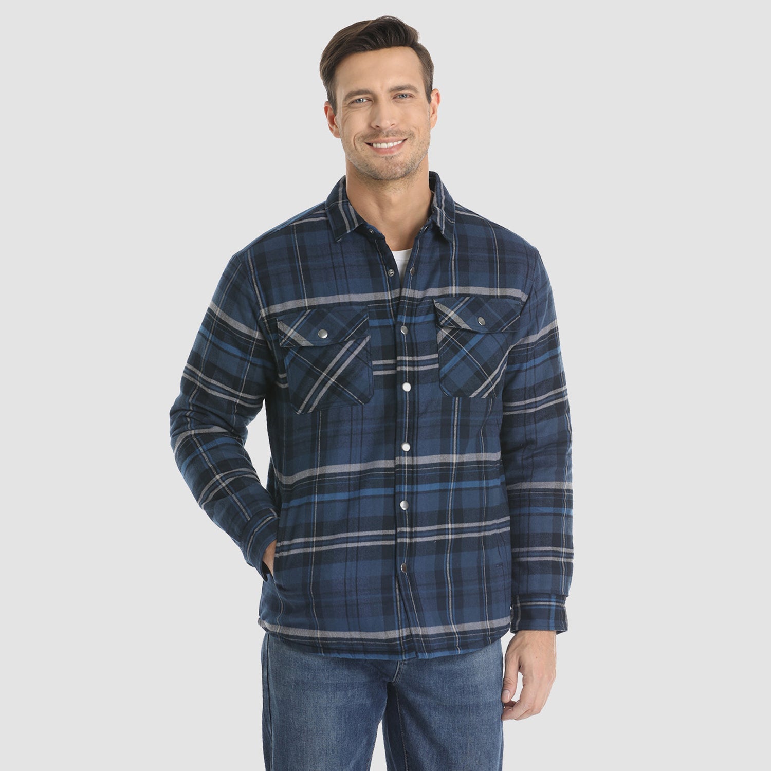Blue Grey Men's Quilted Flannel Jacket - Warm Winter Padded Shirt - MAGCOMSEN