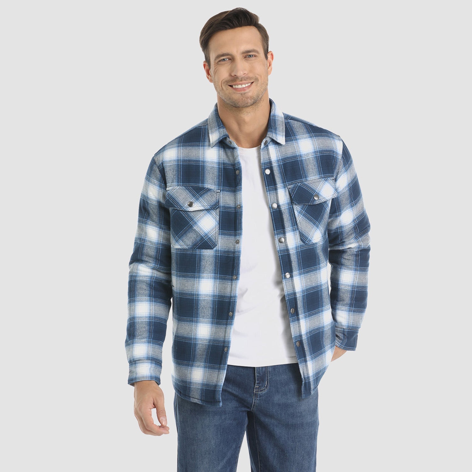 Blue White Men's Quilted Flannel Jacket - Warm Winter Padded Shirt - MAGCOMSEN
