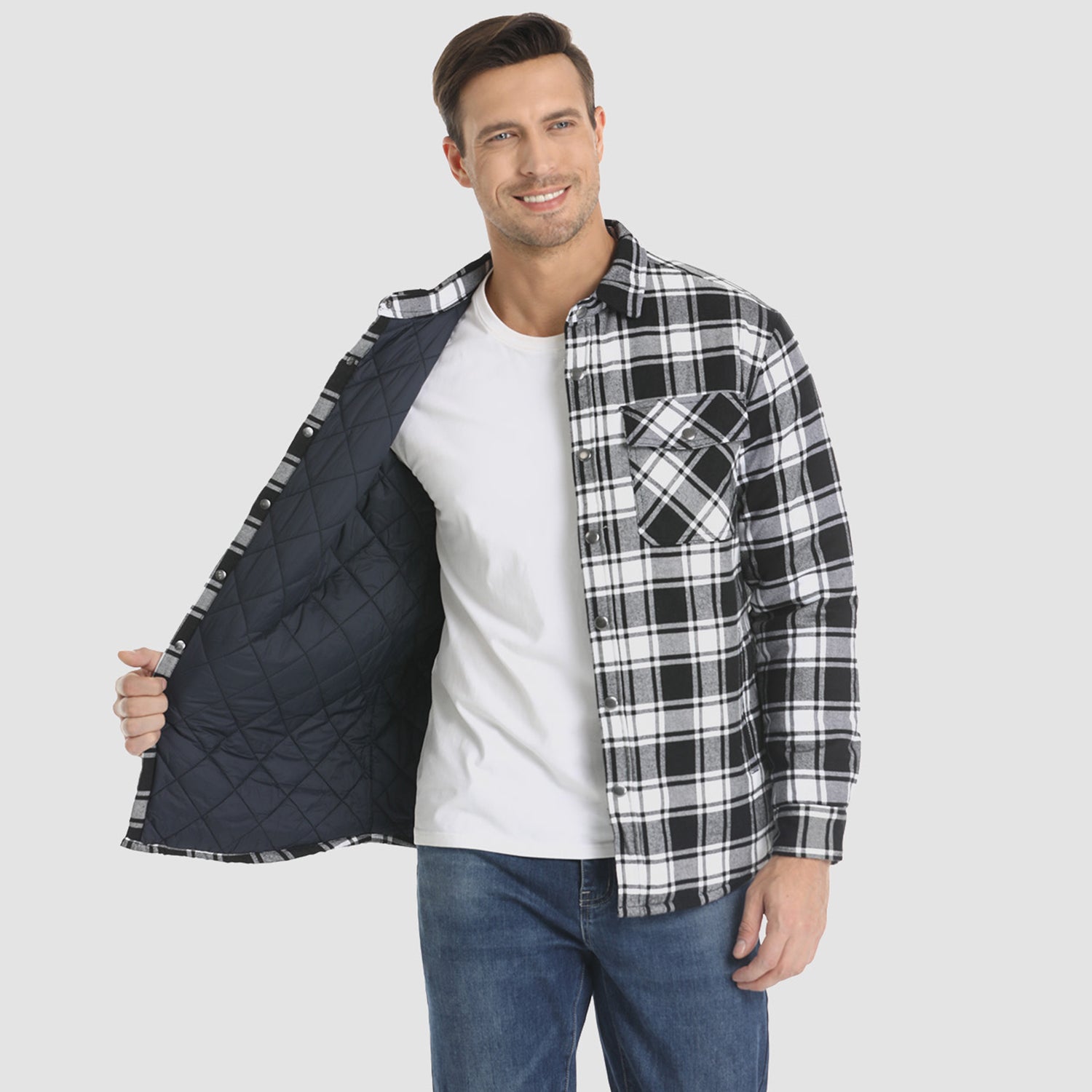 Black Men's Quilted Flannel Jacket - Warm Winter Padded Shirt - MAGCOMSEN