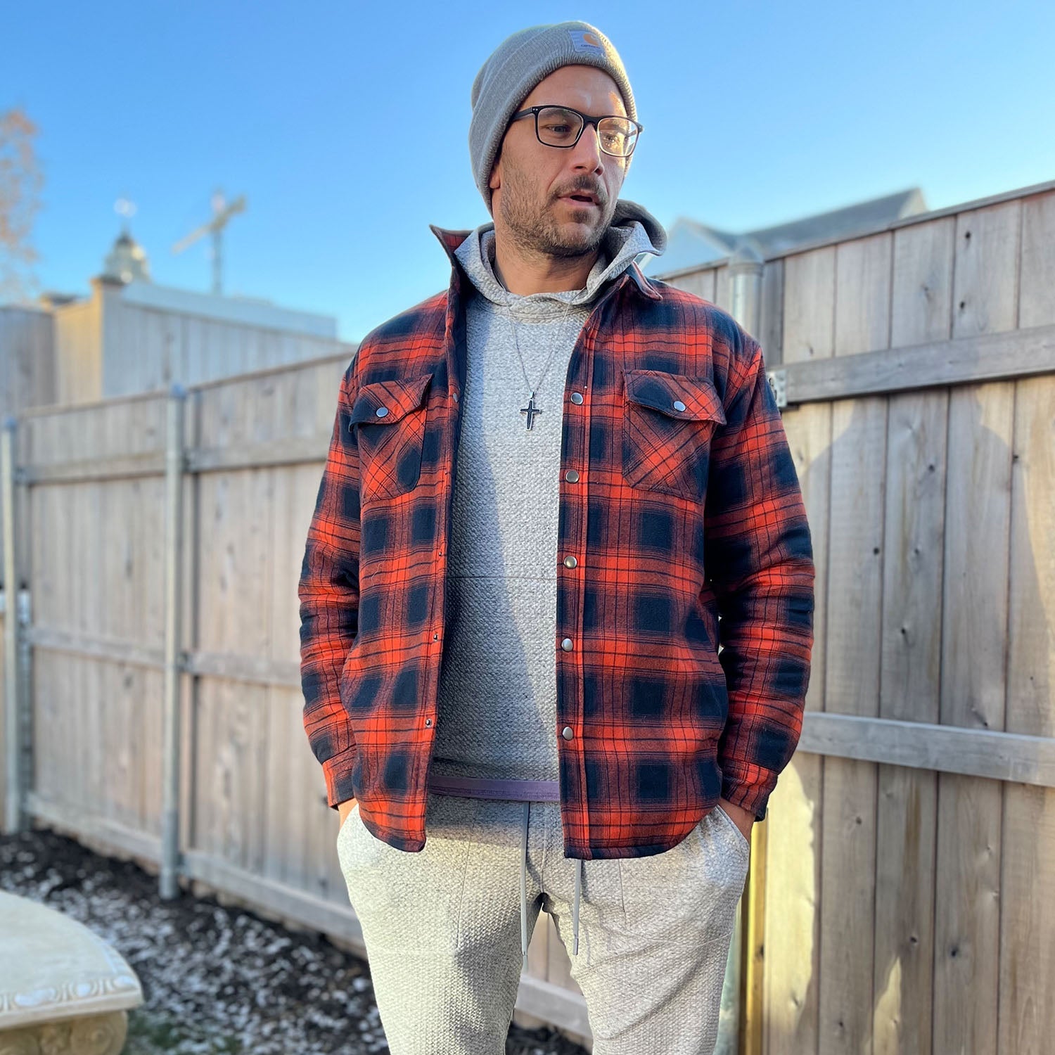 Orange Men's Quilted Flannel Jacket - Warm Winter Padded Shirt - MAGCOMSEN