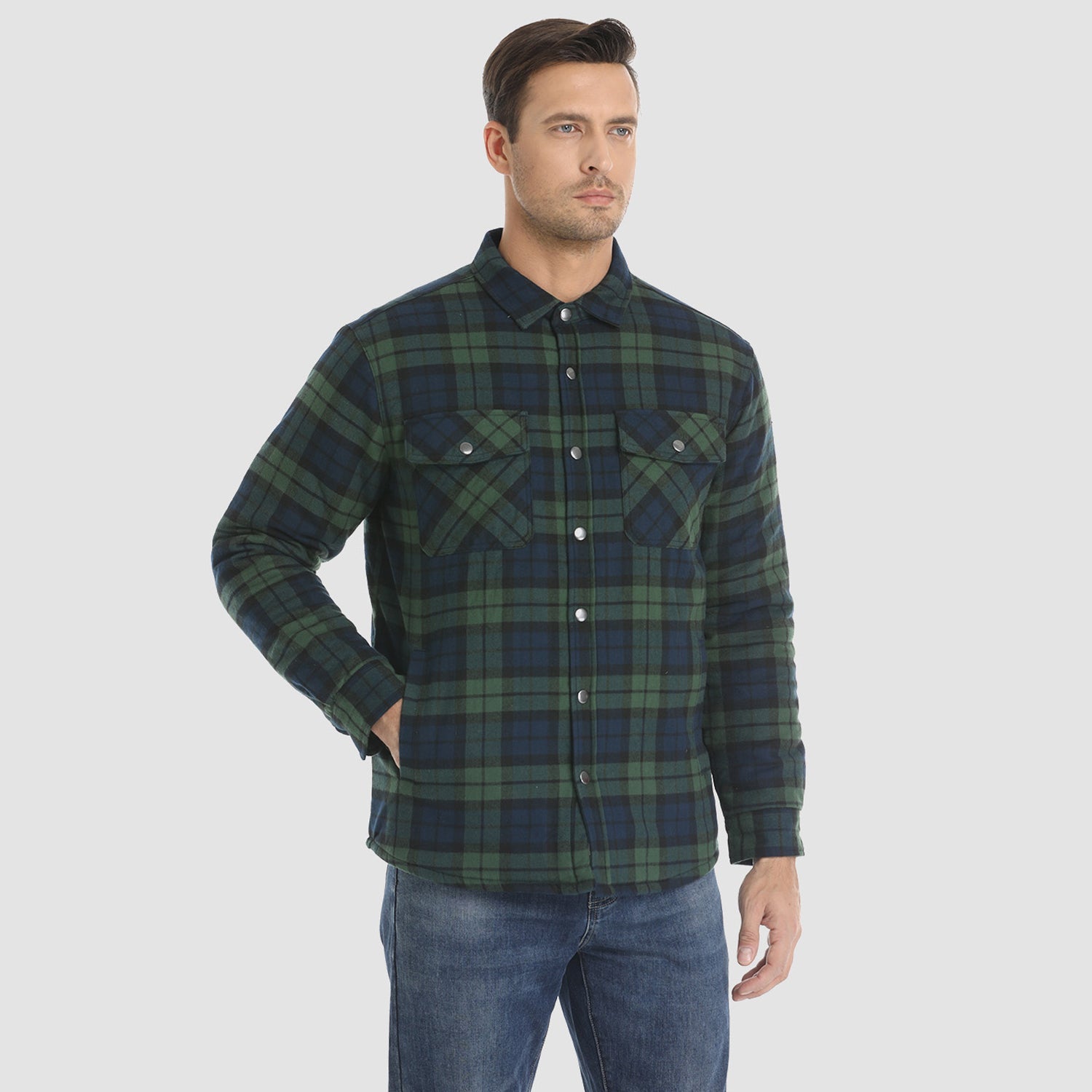 Green Men's Quilted Flannel Jacket - Warm Winter Padded Shirt - MAGCOMSEN