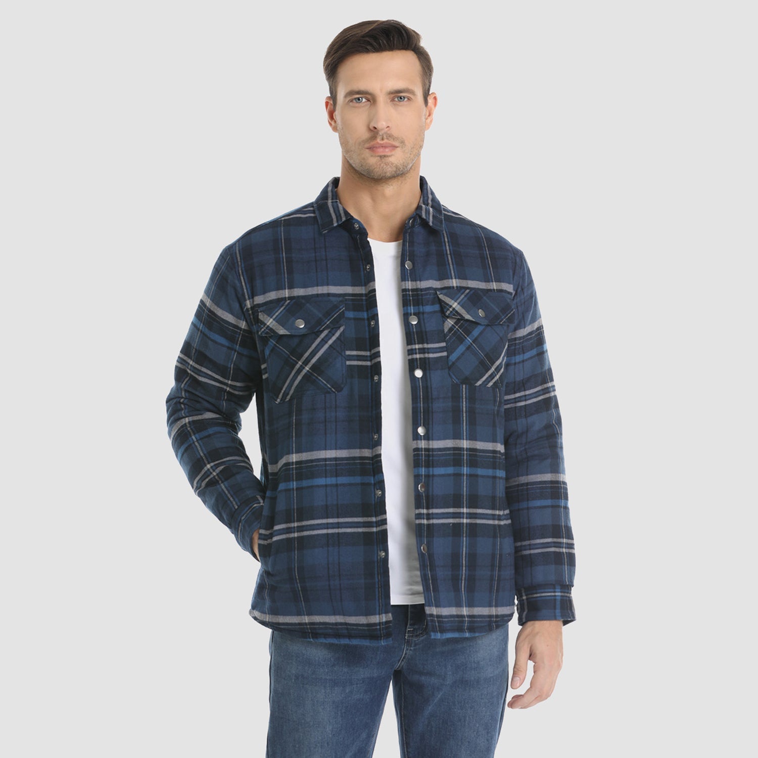 Blue Grey Men's Quilted Flannel Jacket - Warm Winter Padded Shirt - MAGCOMSEN