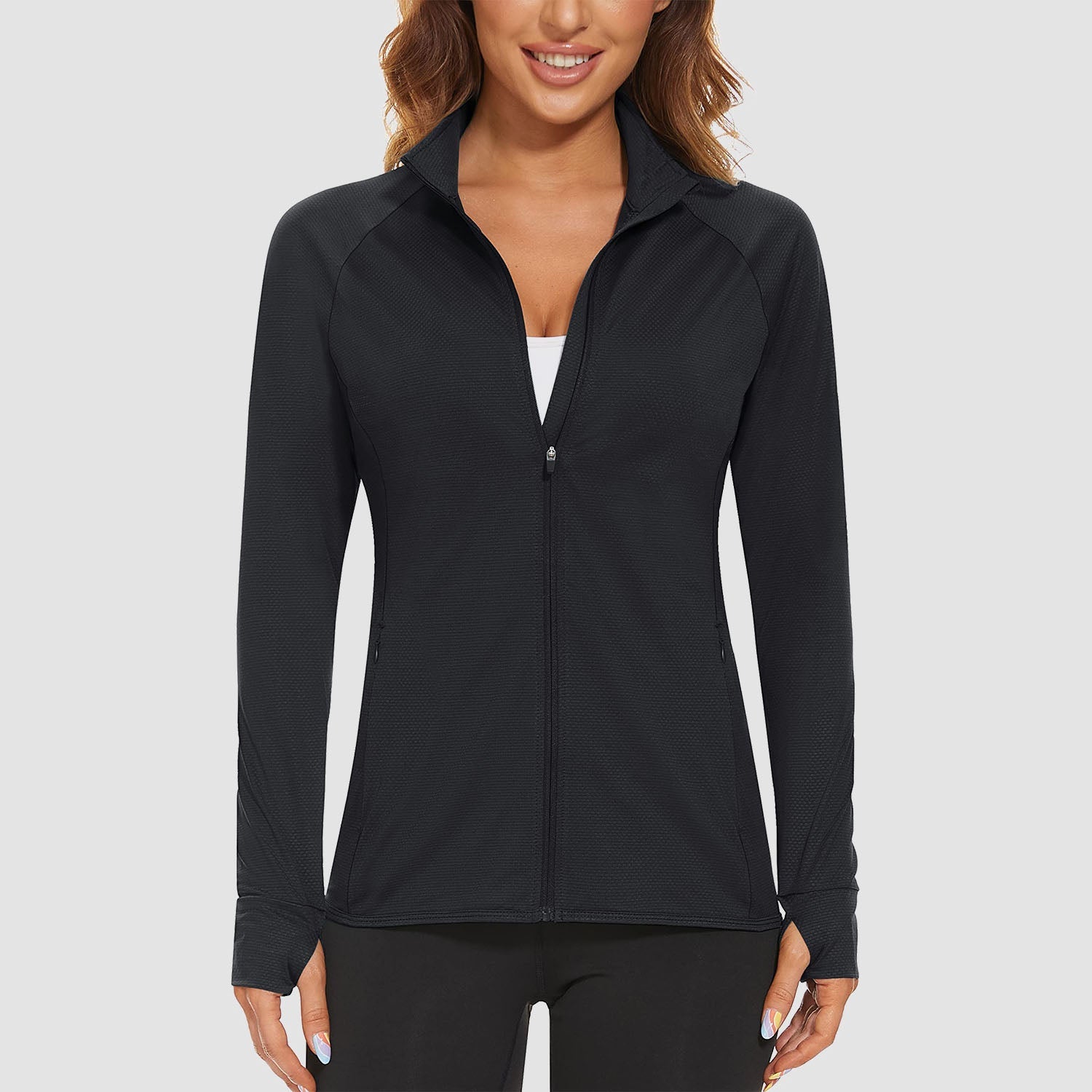 Black Women's UPF 50+ Sun Protection Tennis Jacket Long Sleeve - MAGCOMSEN #Color_Black